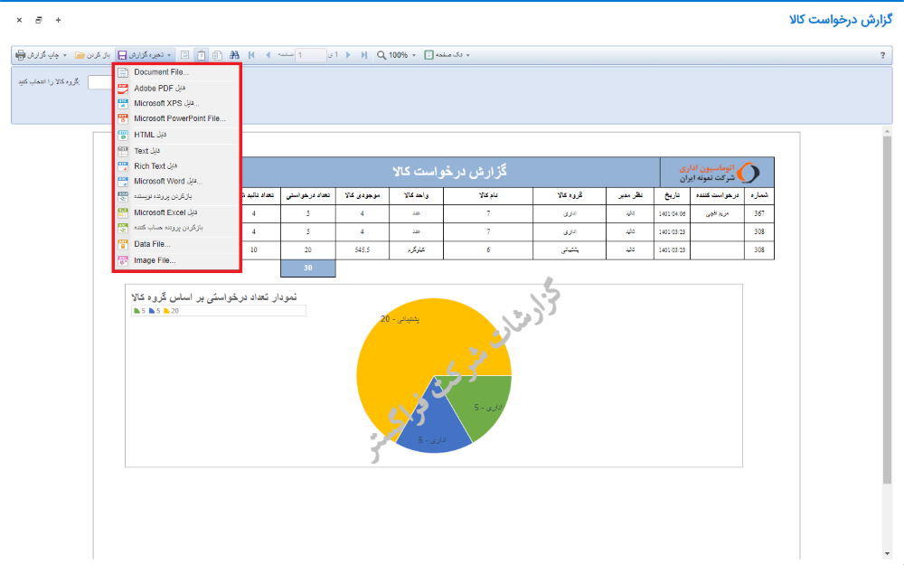 لیست فرمت‌های ذخیره‌سازی گزارش در اتوماسیون اداری فراگستر