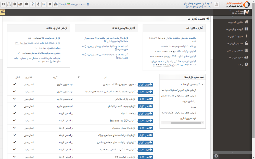 محیط کاربری داشبورد گزارش ها